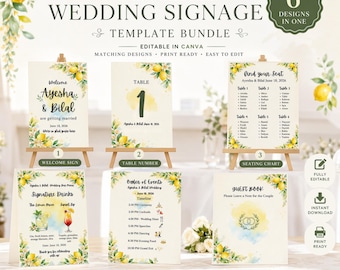 Paquete de 6 letreros de boda con temática de limones, verano y plantillas editables de Canva (descarga digital).