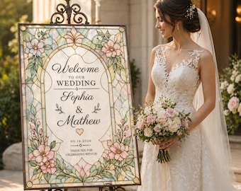 Plantilla digital de cartel de bienvenida para bodas con diseño de vidrieras / Editable en Canva / Acceso instantáneo / Blanco y negro