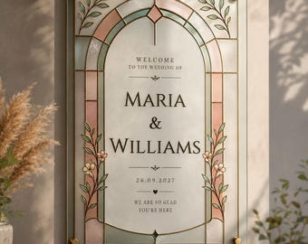 Letrero de bienvenida para bodas con efecto vitral / Plantilla editable de Canva con diseño floral (descarga digital)