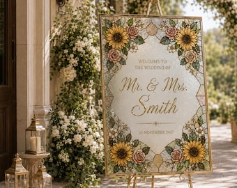 Letrero de bienvenida para bodas con diseño de girasoles en vitral / Espejo decorativo editable de 24x36 pulgadas (descarga digital)