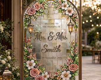 Letrero de bienvenida para bodas con vidrieras / Diseño floral DIY / Plantilla digital Canva de 24x36 / Decoración para exteriores