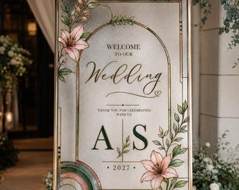 Letrero rústico de bienvenida para bodas con vidrieras / Plantilla editable en Canva / Letrero con efecto espejo / Diseño con contorno negro / 24x36