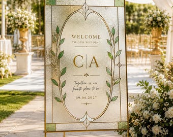 Plantilla digital para cartel de bienvenida de boda con diseño botánico floral en vidriera / Editable en Canva / Acceso instantáneo / 24x36