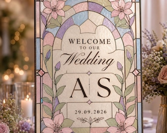 Letrero de bienvenida para bodas con efecto vidriera / Plantilla digital / Editable en Canva / Blanco y negro