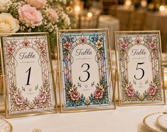 Números de mesa de vidrieras / Decoración de mesas / Servicio y cenas de boda