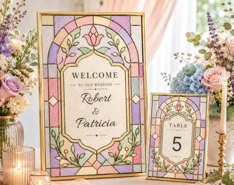 Pastel Cathedral Stained Glass Wedding Welcome Sign + Table Number Bundle | Editable Canva Template | 24x36 Sign & 5x7 Cards | Printable
