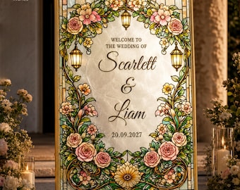 Plantilla digital de cartel de bienvenida para bodas con efecto vidriera / 24x36 / Cartel con efecto espejo / Editable en Canva