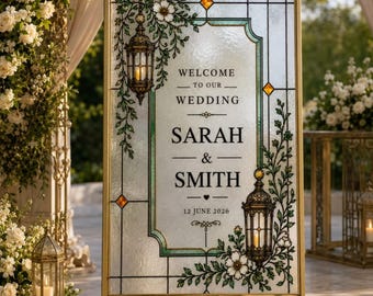 Letrero de bienvenida para bodas con vidrieras de jardín de ensueño / Decoración de boda bohemia Art Nouveau / Plantilla Canva de 24x36