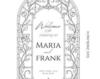 Plantilla de letrero de boda arqueado / Letrero de bienvenida vintage de vidrieras florales / Decoración de ceremonia acrílica Art Nouveau con flores silvestres / Imprimible en Canva
