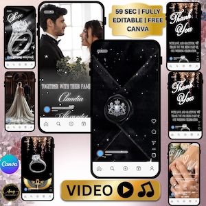 Invitación de boda en vídeo con diamantes en blanco y negro de la vieja aristocracia: plantilla elegante y animada de Canva de los años 50 con sobre de terciopelo y leones de cristal.