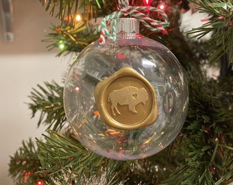 Ornament with gold Wax Seal of Buffalo with Heart, clear Shatterproof, handmade