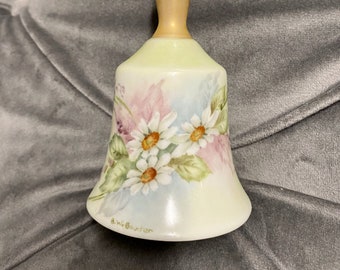 Hand Painted vintage antique Porcelain Daisy bell with chime with gold accents