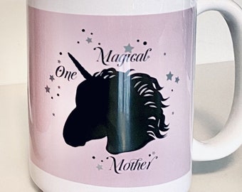 Unicorn and Stars (One Magical Mother) 15oz. large Mug, Purple with Black print, Ceramic