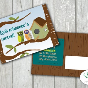 Uil nieuw huis, nieuw adres briefkaartaankondiging, "Kijk Whooo's verplaatst!" Ansichtkaart PDF-bestand Afdrukbaar 4,25 "x 6"