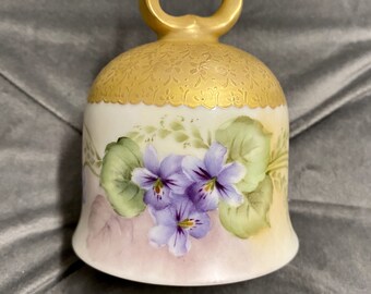 Pansy Purple Flower, Wedding Bell, Chime, Hand painted Porcelain with Gold accents