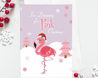 Retro Mid Century Mod Flamingo in Snow with Santa Hat,  I'm Dreaming of a Pink Christmas, Holiday card 12 pack, Flat note cards set A7 5"x7"