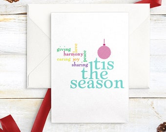 Tis the Season and holiday word theme - Card 6 pack Folded, blank inside, pastel colors A2 4.25"x5.5" size