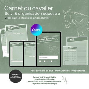 Peut inclure: Un planificateur équestre numérique avec le texte "Carnet du cavalier" et "Suivi & organisation équestre". Le planificateur comprend des sections pour l'entraînement, les objectifs et les notes, avec une illustration de cheval. Le logo Canva est visible.