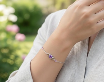 Purple Crystal Heart Infinity Bracelet – Silver Chain Romantic Jewelry