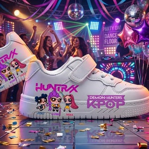 Puede incluir: Zapatillas blancas con el texto "HUNTR/X" y "DEMON-HUNTERS KPOP" en rosa. Las zapatillas presentan personajes de dibujos animados y los nombres ZORY, LUNA y MIRA. Las zapatillas tienen una correa de velcro.