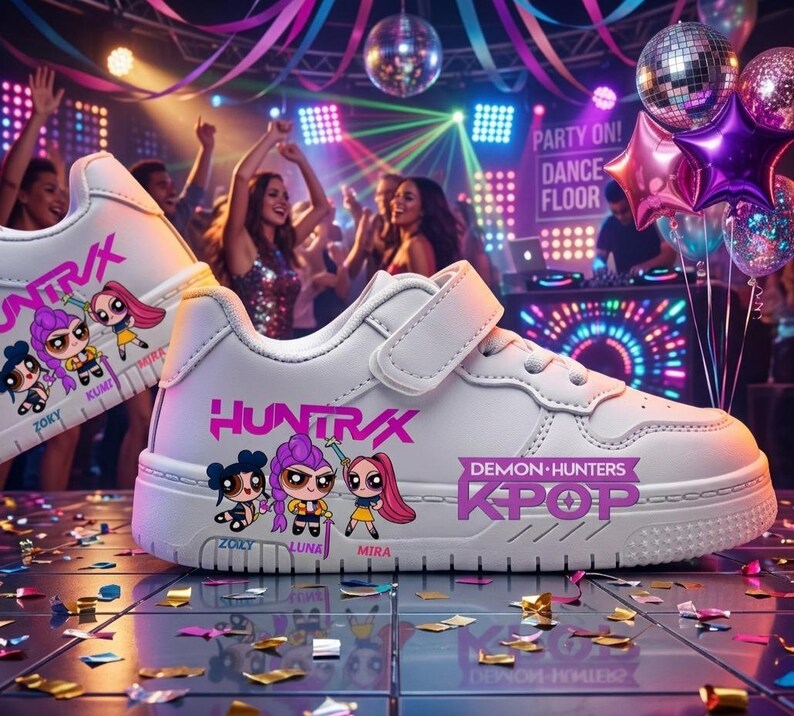 Puede incluir: Zapatillas blancas con el texto "HUNTR/X" y "DEMON-HUNTERS KPOP" en rosa. Las zapatillas presentan personajes de dibujos animados y los nombres ZORY, LUNA y MIRA. Las zapatillas tienen una correa de velcro.