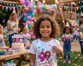 Gabby's Dollhouse Birthday Girl T-Shirt, Pink White Short Sleeve Party Top