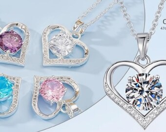 Silver Heart Pendant Necklace, CZ Crystal Double Heart Design