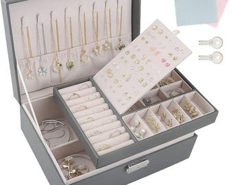 Lockable PU Leather Jewelry Box | 2-Layer Organizer with Keys