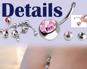 CZ Crystal Belly Button Ring, 14G Surgical Steel Navel Barbell