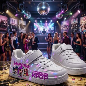 Puede incluir: Zapatillas blancas con cierre de velcro y un gr&aacute;fico de dibujos animados. Las zapatillas tienen el texto "HUNTRX DEMON-HUNTERS KPOP" en morado. Los zapatos est&aacute;n sobre una superficie reflectante con una bola de discoteca en el fondo.