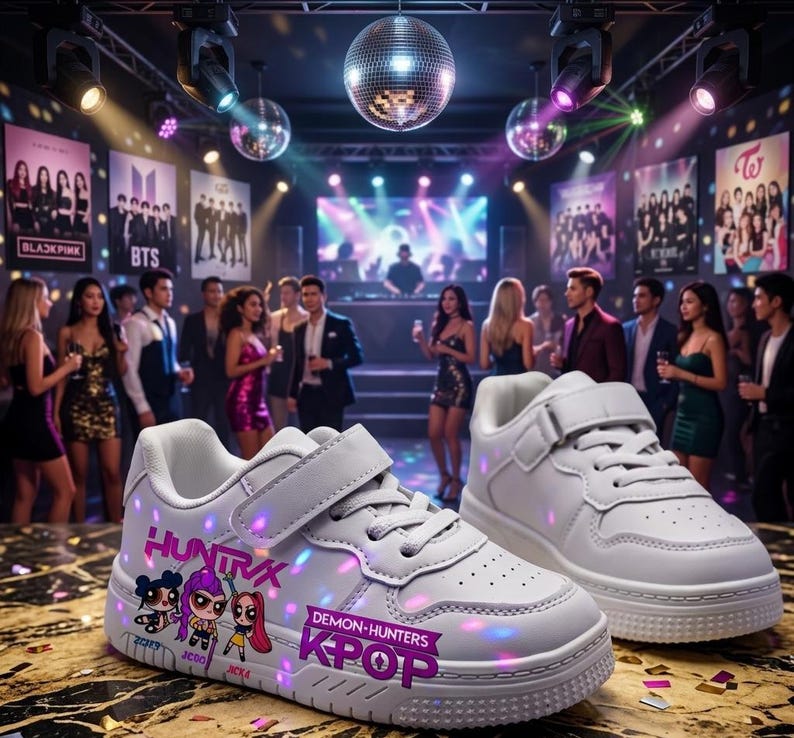 Puede incluir: Zapatillas blancas con cierre de velcro y un gr&aacute;fico de dibujos animados. Las zapatillas tienen el texto "HUNTRX DEMON-HUNTERS KPOP" en morado. Los zapatos est&aacute;n sobre una superficie reflectante con una bola de discoteca en el fondo.