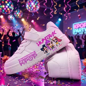 Puede incluir: Zapatillas blancas con cierre de velcro, con gr&aacute;ficos de dibujos animados y los textos "DEMON-HUNTERS KPOP" y "HUNTRX". Los zapatos est&aacute;n sobre una superficie reflectante con confeti y una escena de fiesta al fondo.