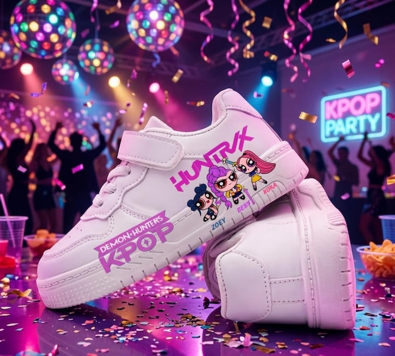 Puede incluir: Zapatillas blancas con cierre de velcro, con gr&aacute;ficos de dibujos animados y los textos "DEMON-HUNTERS KPOP" y "HUNTRX". Los zapatos est&aacute;n sobre una superficie reflectante con confeti y una escena de fiesta al fondo.