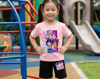 KPop Girls Cartoon T-Shirt and Shorts Set, Summer Casual Outfit, Short Sleeve Top