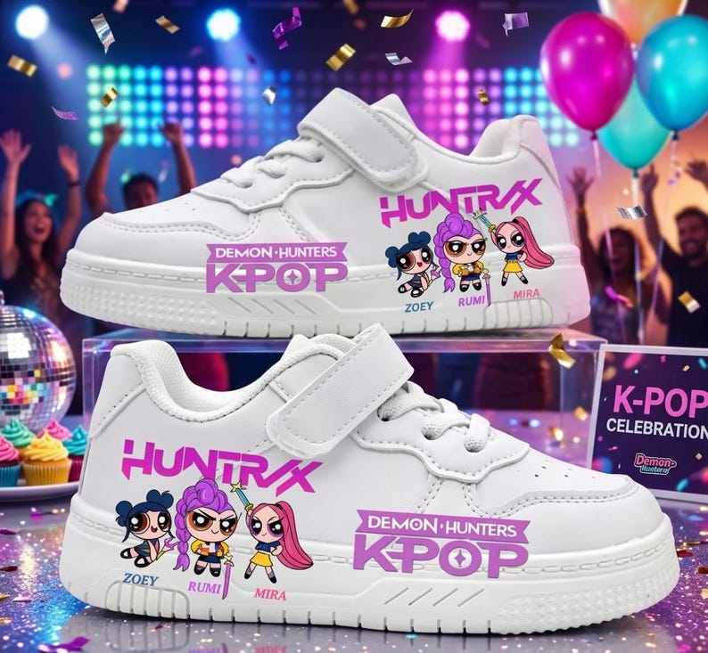Puede incluir: Zapatillas blancas con cierre de velcro, con el texto "HUNTRAX" y "DEMON HUNTERS KPOP" en rosa. Las zapatillas presentan personajes de dibujos animados llamados Zoey, Rumi y Mira. Estas zapatillas est&aacute;n dise&ntilde;adas para los fans del K-Pop.