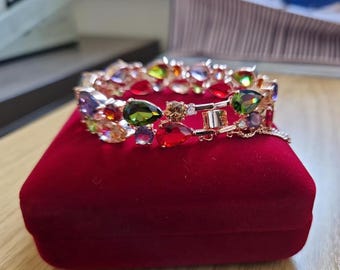 Gold Plated Crystal Bangle | Multicolor Sapphire-Style Party Jewelry