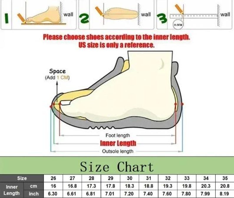 Puede incluir: Diagrama que ilustra c&oacute;mo medir la longitud del pie para tallas de zapatos. Incluye una tabla de tallas con medidas de longitud interior en cent&iacute;metros y pulgadas, que van desde 16 cm hasta 20,8 cm. El texto aconseja elegir zapatos seg&uacute;n la longitud interior.