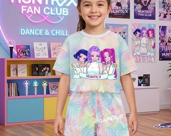 KPop Huntrix Girls Outfit Set, Cartoon Print T-Shirt and Shorts Summer 2PCS