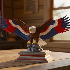 K&ouml;nnte beinhalten: Eine detaillierte Skulptur eines amerikanischen Wei&szlig;kopfseeadlers mit ausgebreiteten Fl&uuml;geln, der auf einem Felsensockel sitzt. Der Adler hat braune, wei&szlig;e, rote und blaue Farben, mit einem wei&szlig;en Kopf und gelbem Schnabel. Die Skulptur steht auf einem dekorativen Sockel.