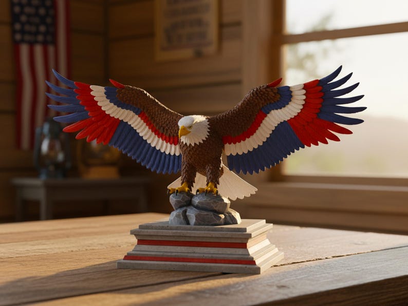 K&ouml;nnte beinhalten: Eine detaillierte Skulptur eines amerikanischen Wei&szlig;kopfseeadlers mit ausgebreiteten Fl&uuml;geln, der auf einem Felsensockel sitzt. Der Adler hat braune, wei&szlig;e, rote und blaue Farben, mit einem wei&szlig;en Kopf und gelbem Schnabel. Die Skulptur steht auf einem dekorativen Sockel.