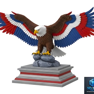 May include: A detailed sculpture of an eagle with outstretched wings, featuring red, white, and blue accents on the wings. The eagle has a brown body, yellow beak and talons, and a white head. It is perched on a gray stone base with red and white stripes.