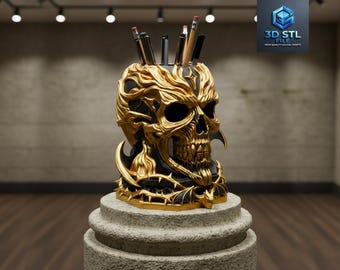 Gothic Skull Pen Holder STL, 3D Print Desk Organizer, Dark Fantasy Skull Decor, Halloween Desk Decor STL