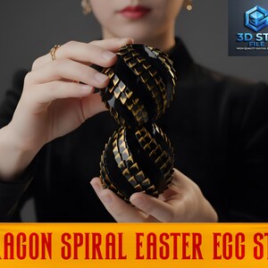 May include: A black and gold dragon spiral Easter egg. The egg is held in the hands of a person wearing a black top. The egg is made of black scales with gold accents. The text "DRAGON SPIRAL EASTER EGG STL" is displayed on a banner.