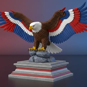 K&ouml;nnte beinhalten: Eine detaillierte Skulptur eines Adlers mit ausgebreiteten Fl&uuml;geln, mit braunen, wei&szlig;en, roten und blauen Farben. Der Adler sitzt auf einer Felsformation auf einem mehrschichtigen Sockel mit roten und wei&szlig;en Akzenten. Der Schnabel des Adlers ist gelb.