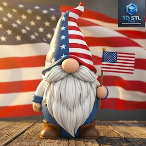 May include: A patriotic gnome figurine with a white beard, holding a miniature American flag. The gnome wears a hat and outfit in red, white, and blue, with the American flag in the background. The image is set on a wooden surface.