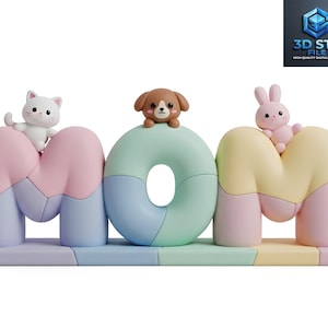 Może przedstawiać: Pastelowa rzeźba "MAMA" z białym kotem, brązowym psem i różowym królikiem na górze. Litery są w odcieniach różu, błękitu, żółci i zieleni, osadzone na pasującej podstawie. Logo pliku 3D STL znajduje się w prawym górnym rogu.