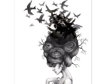 Raven Woman Fine Art Print | Donkere vrouwelijke gotische fantasy-muurkunst