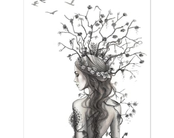 Natuur vrouw Fine Art Print | Botanische aquarel kunst aan de muur, vogels, Scandinavisch Cottagecore-decor