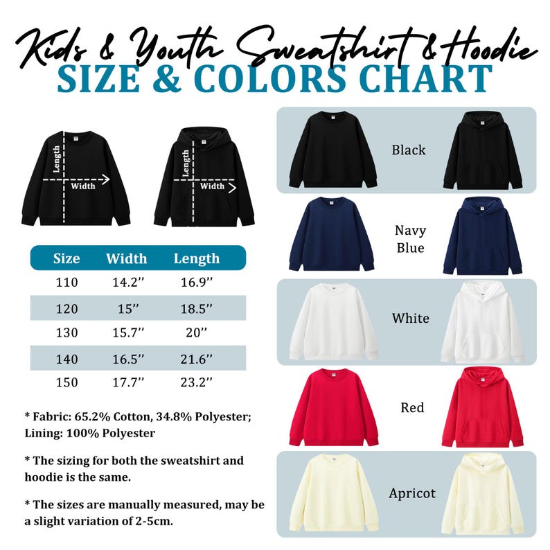 Op de afbeelding: Maat- en kleurenkaart voor kinder- en jeugd sweatshirts en hoodies. De kaart toont zwarte, marineblauwe, witte, rode en abrikooskleurige sweatshirts en hoodies. De maten zijn in cm, de maten vari&euml;ren van 110 tot 150.