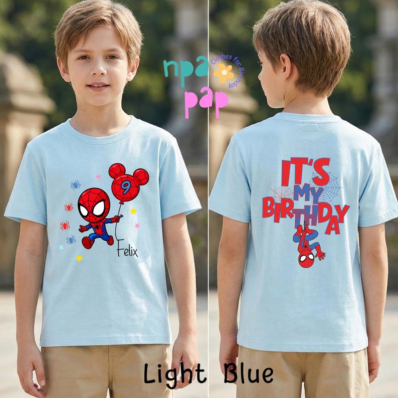 Aangepaste kinderverjaardag superheld Spider Tee, gepersonaliseerde Ghost Spider Comics Tee, leeftijdsnaam Spider thema shirt, zijn geweldige vrienden kindershirt afbeelding 2